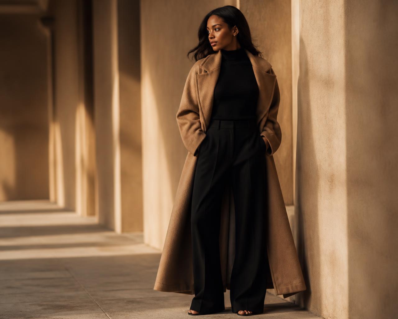 A woman in a camel coat standing in a sunlit corridor, looking ahead